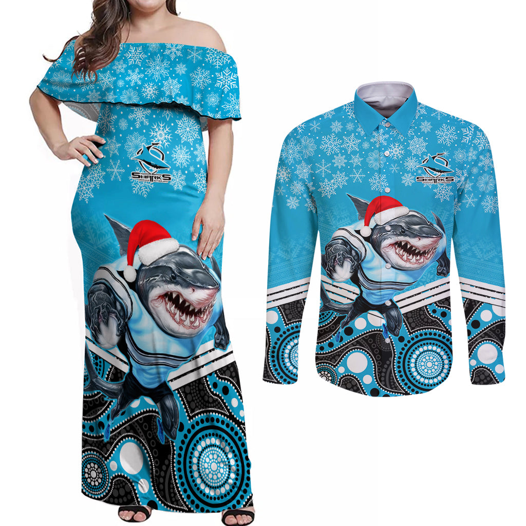 custom-sharks-rugby-christmas-couples-matching-off-shoulder-maxi-dress-and-long-sleeve-button-shirt-merry-xmas-2023-mix-aboriginal-art