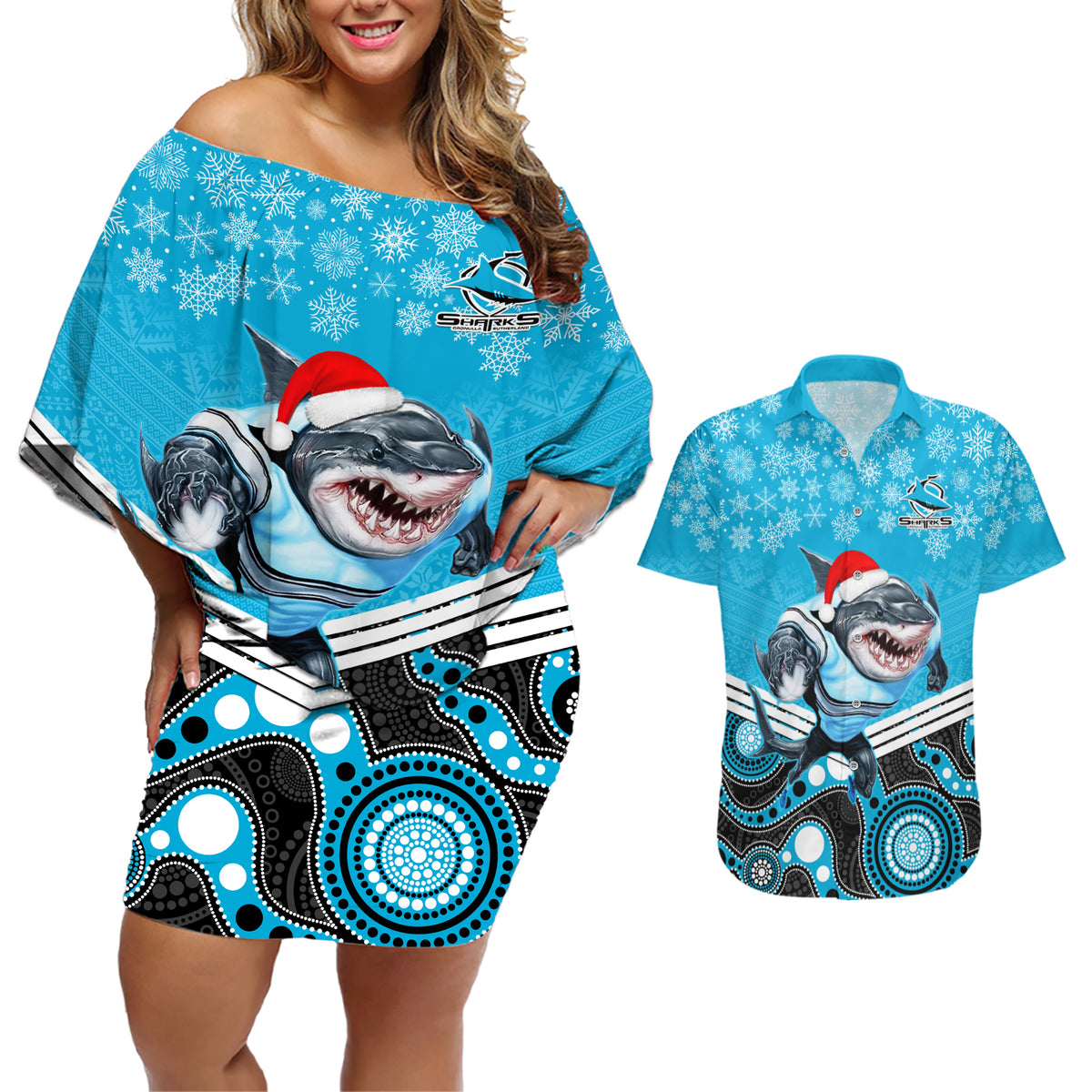 custom-sharks-rugby-christmas-couples-matching-off-shoulder-short-dress-and-hawaiian-shirt-merry-xmas-2023-mix-aboriginal-art