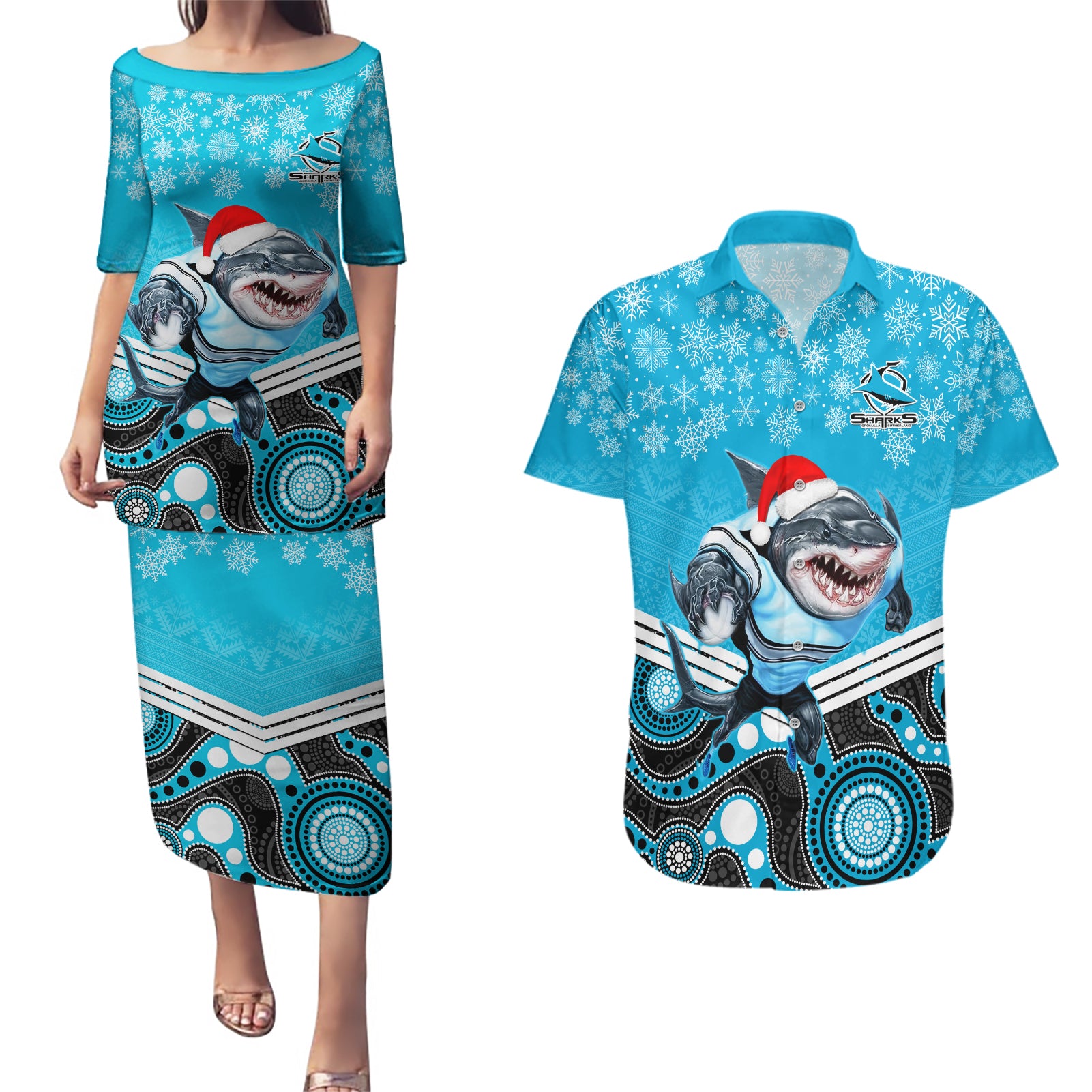 custom-sharks-rugby-christmas-couples-matching-puletasi-dress-and-hawaiian-shirt-merry-xmas-2023-mix-aboriginal-art