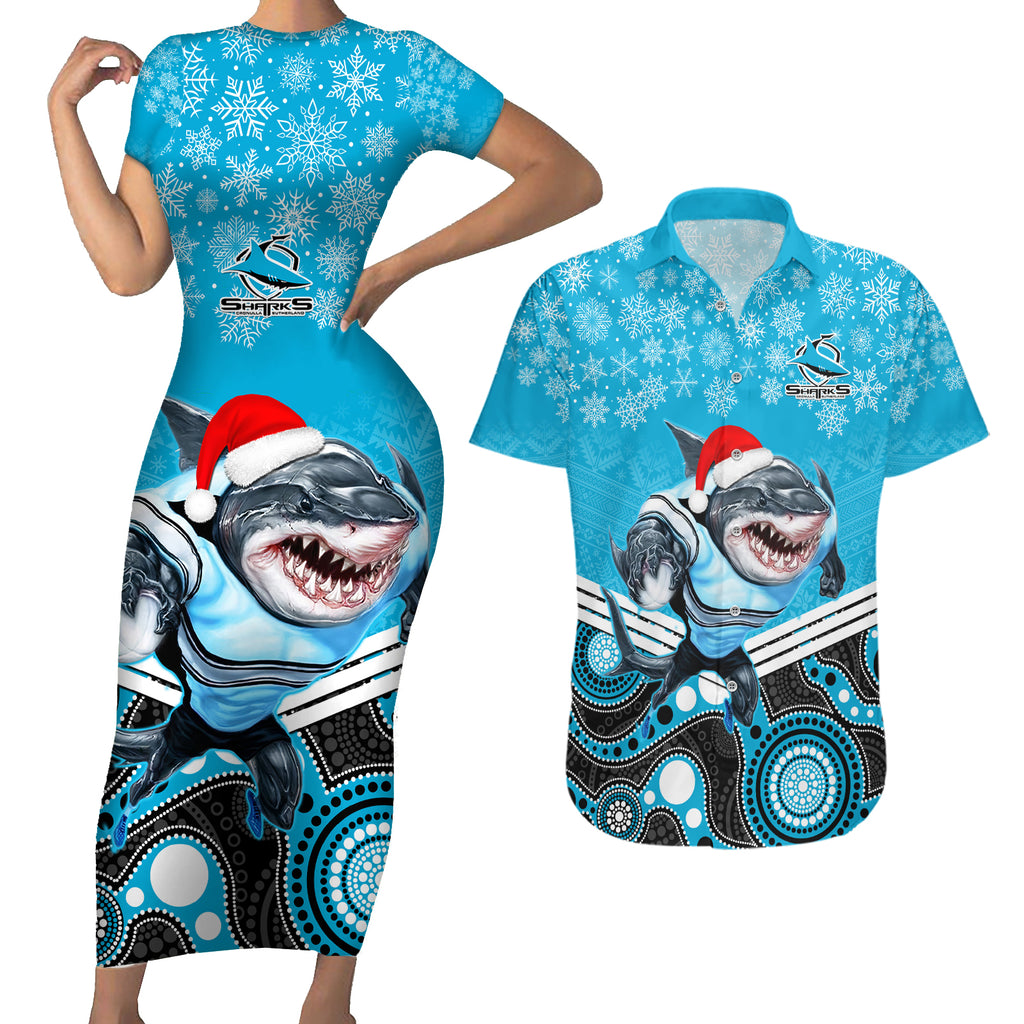 custom-sharks-rugby-christmas-couples-matching-short-sleeve-bodycon-dress-and-hawaiian-shirt-merry-xmas-2023-mix-aboriginal-art