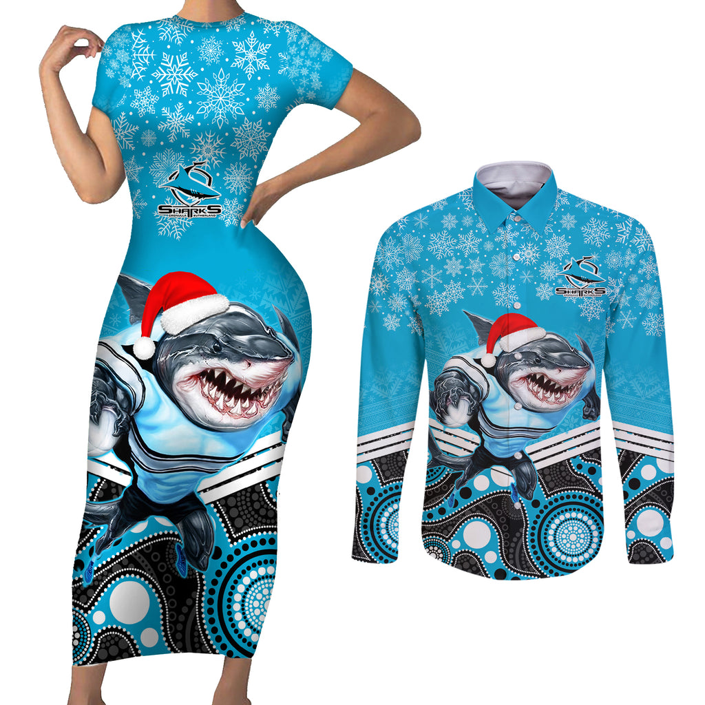 custom-sharks-rugby-christmas-couples-matching-short-sleeve-bodycon-dress-and-long-sleeve-button-shirt-merry-xmas-2023-mix-aboriginal-art
