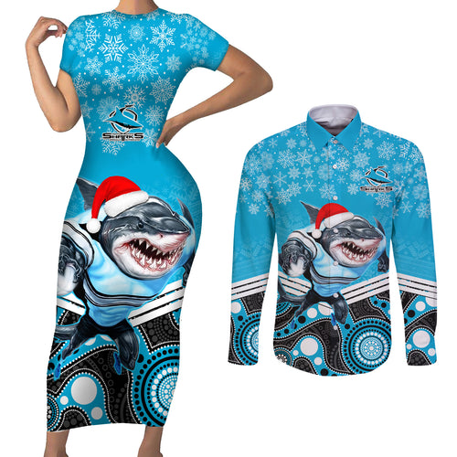 custom-sharks-rugby-christmas-couples-matching-short-sleeve-bodycon-dress-and-long-sleeve-button-shirt-merry-xmas-2023-mix-aboriginal-art