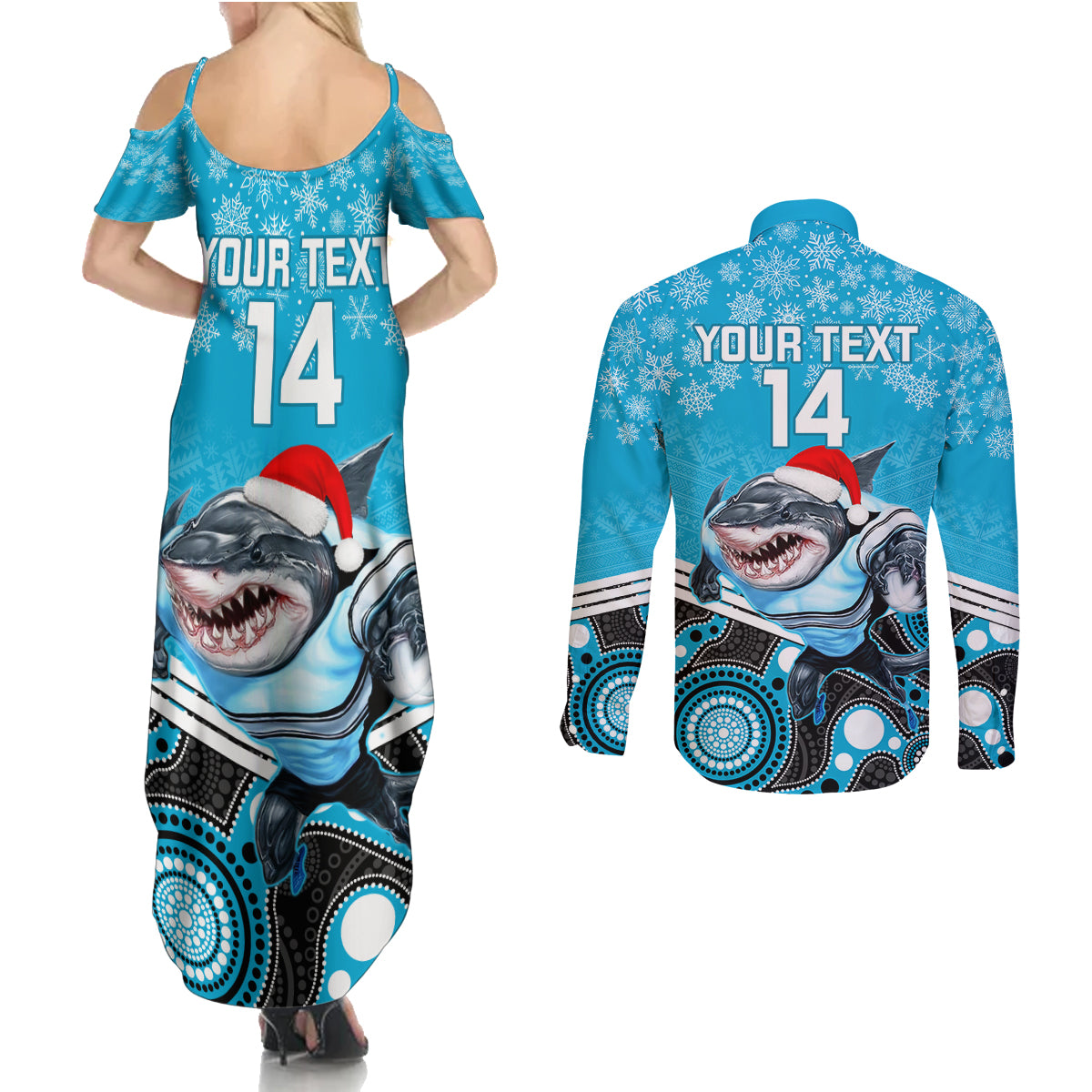 custom-sharks-rugby-christmas-couples-matching-summer-maxi-dress-and-long-sleeve-button-shirt-merry-xmas-2023-mix-aboriginal-art