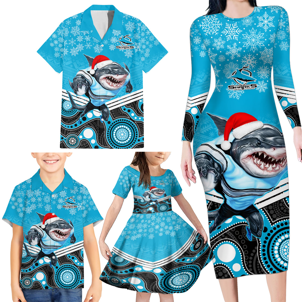 custom-sharks-rugby-christmas-family-matching-long-sleeve-bodycon-dress-and-hawaiian-shirt-merry-xmas-2023-mix-aboriginal-art