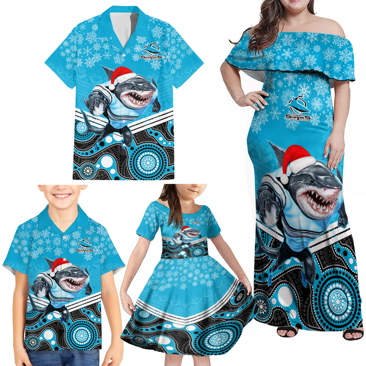 custom-sharks-rugby-christmas-family-matching-off-shoulder-maxi-dress-and-hawaiian-shirt-merry-xmas-2023-mix-aboriginal-art