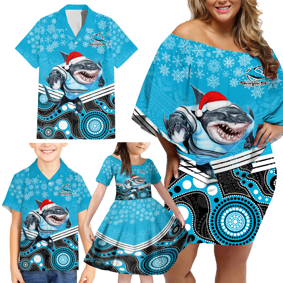 custom-sharks-rugby-christmas-family-matching-off-shoulder-short-dress-and-hawaiian-shirt-merry-xmas-2023-mix-aboriginal-art