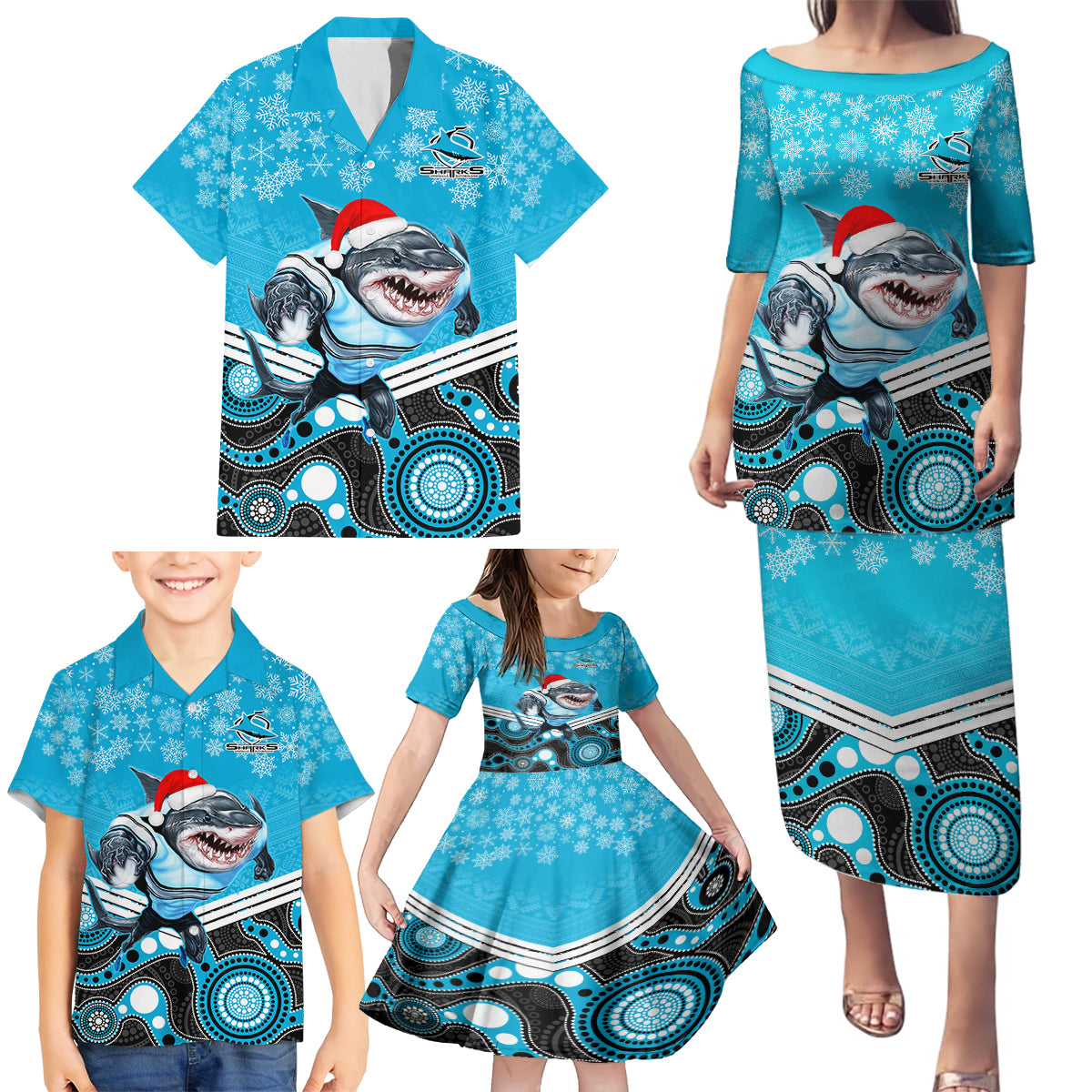 custom-sharks-rugby-christmas-family-matching-puletasi-dress-and-hawaiian-shirt-merry-xmas-2023-mix-aboriginal-art