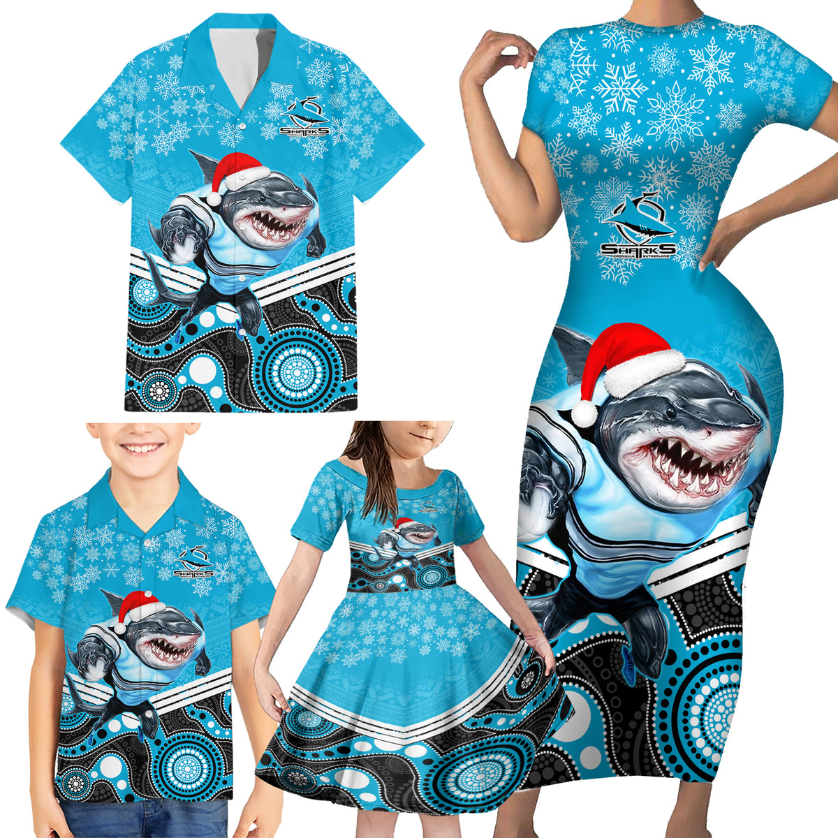 custom-sharks-rugby-christmas-family-matching-short-sleeve-bodycon-dress-and-hawaiian-shirt-merry-xmas-2023-mix-aboriginal-art