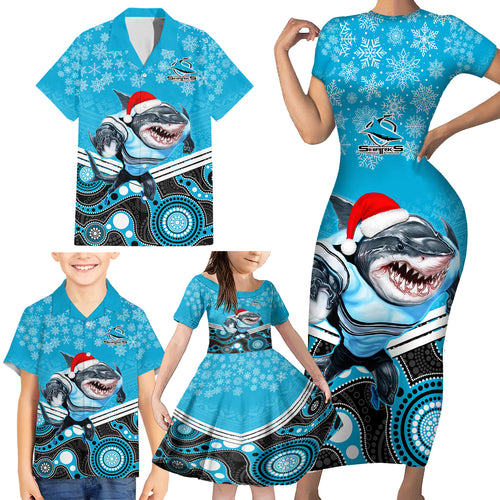 custom-sharks-rugby-christmas-family-matching-short-sleeve-bodycon-dress-and-hawaiian-shirt-merry-xmas-2023-mix-aboriginal-art