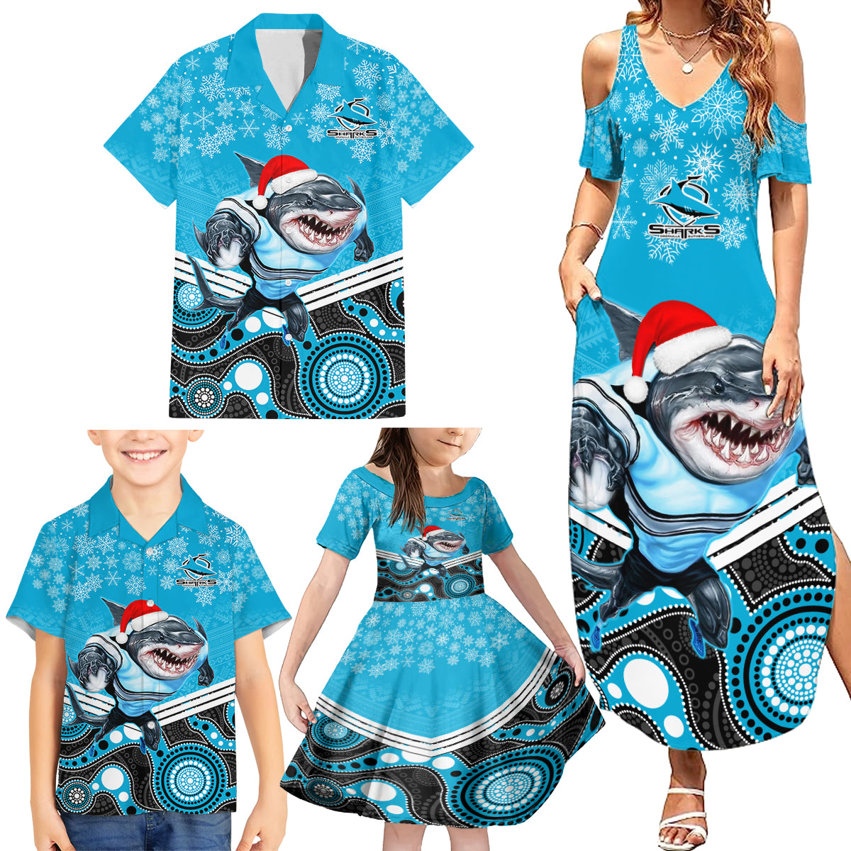 custom-sharks-rugby-christmas-family-matching-summer-maxi-dress-and-hawaiian-shirt-merry-xmas-2023-mix-aboriginal-art