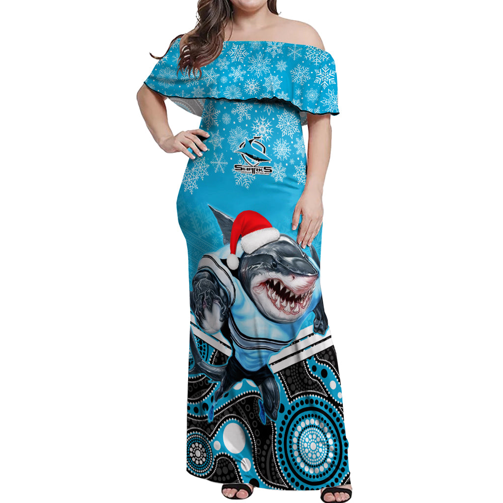 custom-sharks-rugby-christmas-off-shoulder-maxi-dress-merry-xmas-2023-mix-aboriginal-art