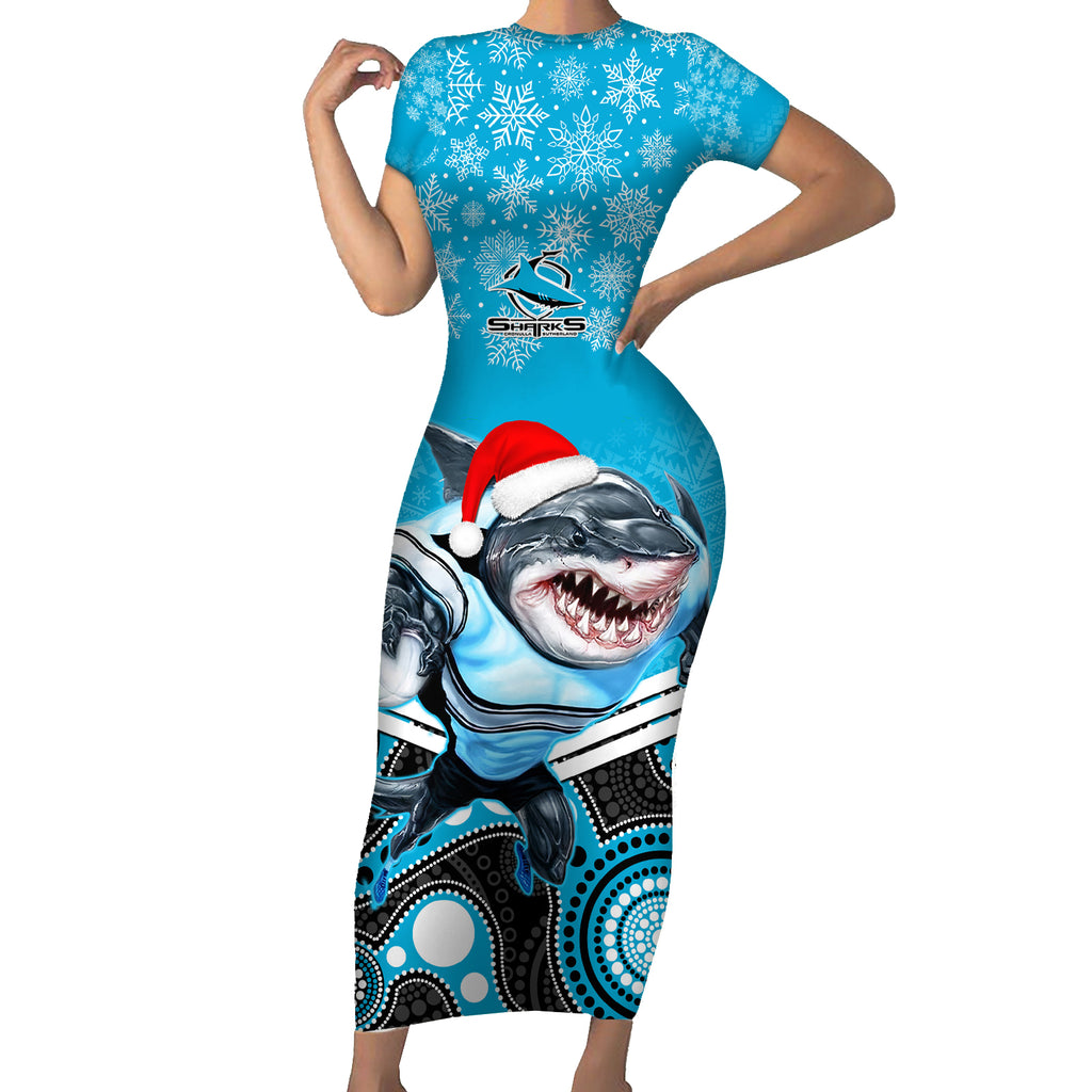 custom-sharks-rugby-christmas-short-sleeve-bodycon-dress-merry-xmas-2023-mix-aboriginal-art