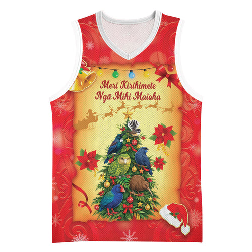 Personalised New Zealand Christmas Basketball Jersey Meri Kirihimete NZ Xmas Tree Animals