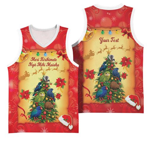 Personalised New Zealand Christmas Basketball Jersey Meri Kirihimete NZ Xmas Tree Animals