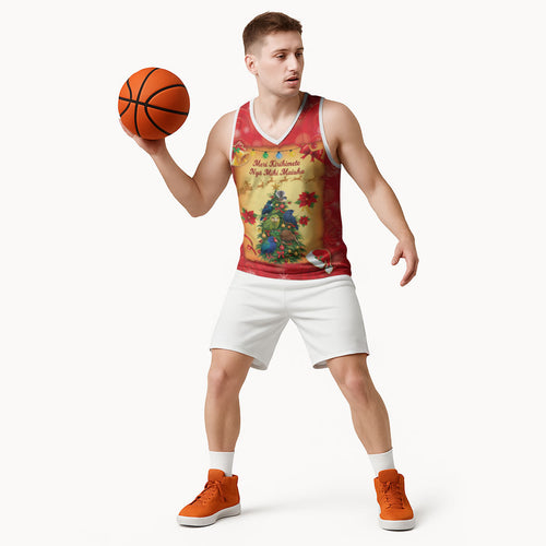 Personalised New Zealand Christmas Basketball Jersey Meri Kirihimete NZ Xmas Tree Animals