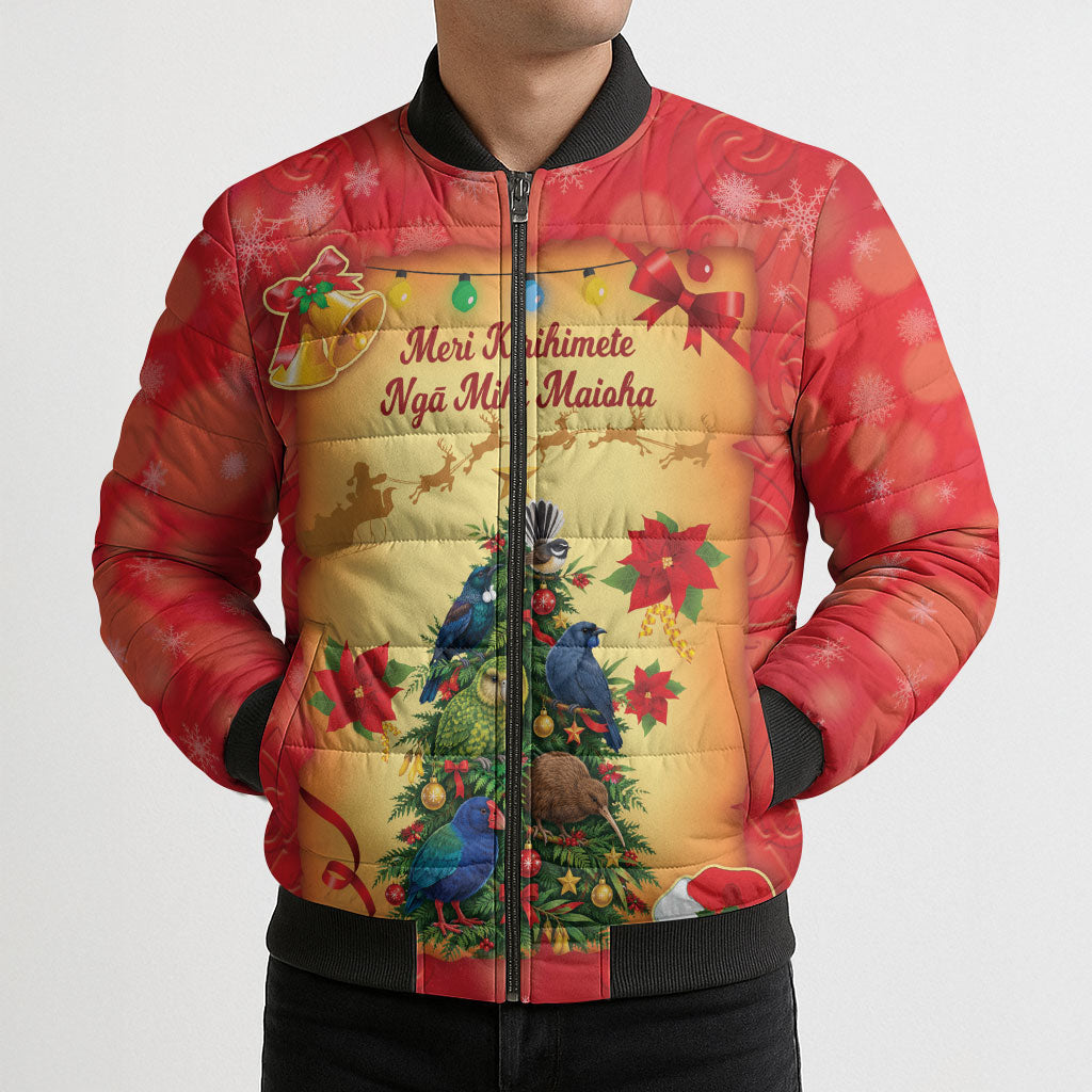 Personalised New Zealand Christmas Bomber Puffer Jacket Meri Kirihimete NZ Xmas Tree Animals