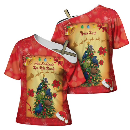 Personalised New Zealand Christmas Cross Shoulder Shirt Meri Kirihimete NZ Xmas Tree Animals