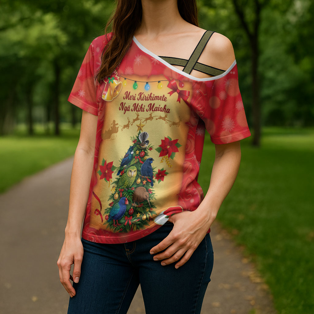 Personalised New Zealand Christmas Cross Shoulder Shirt Meri Kirihimete NZ Xmas Tree Animals