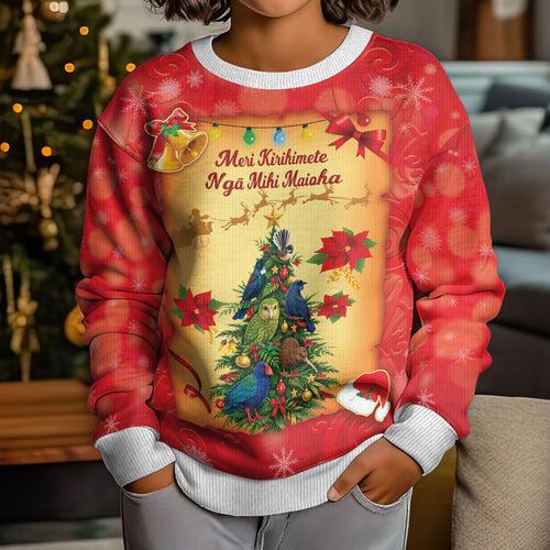 Personalised New Zealand Christmas Kid Ugly Christmas Sweater Meri Kirihimete NZ Xmas Tree Animals