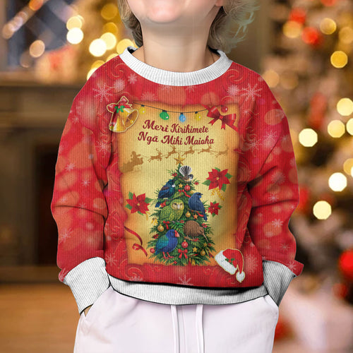 Personalised New Zealand Christmas Kid Ugly Christmas Sweater Meri Kirihimete NZ Xmas Tree Animals
