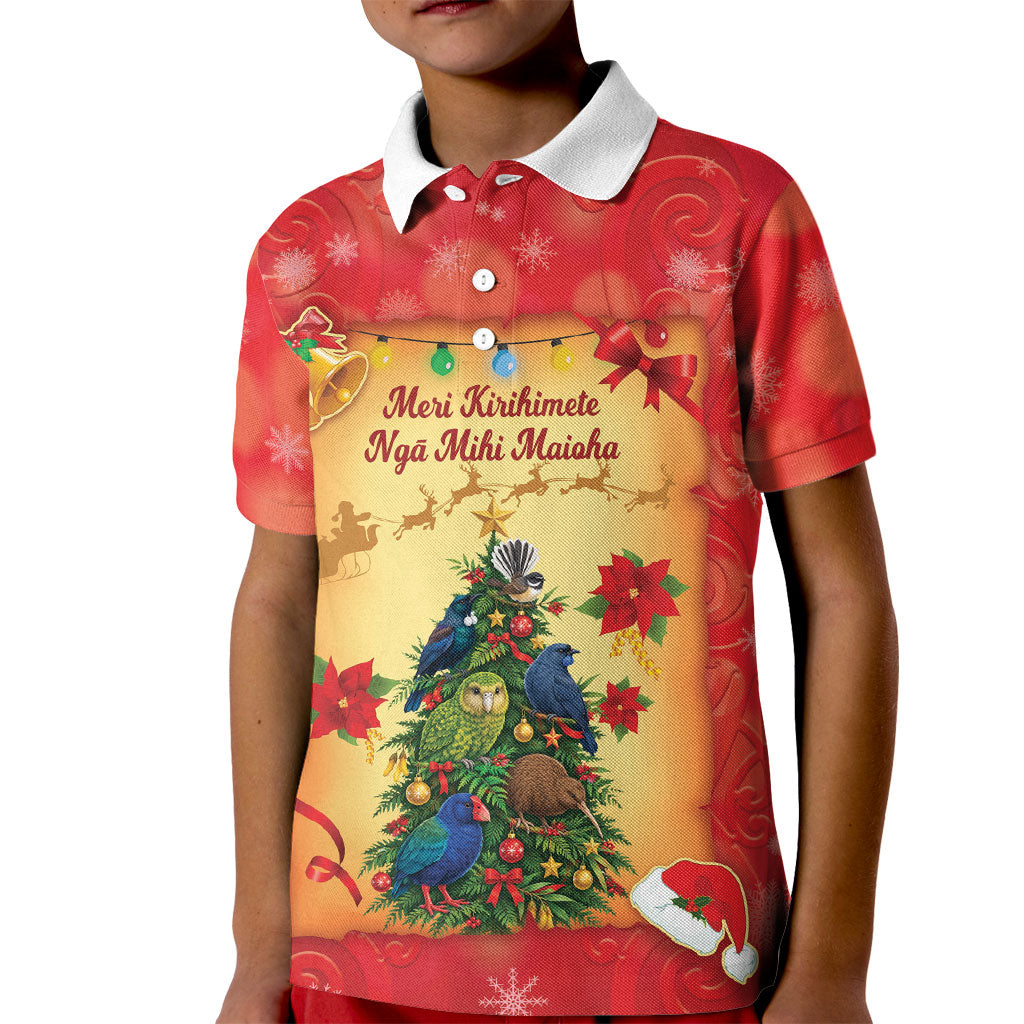 Personalised New Zealand Christmas Kid Polo Shirt Meri Kirihimete NZ Xmas Tree Animals