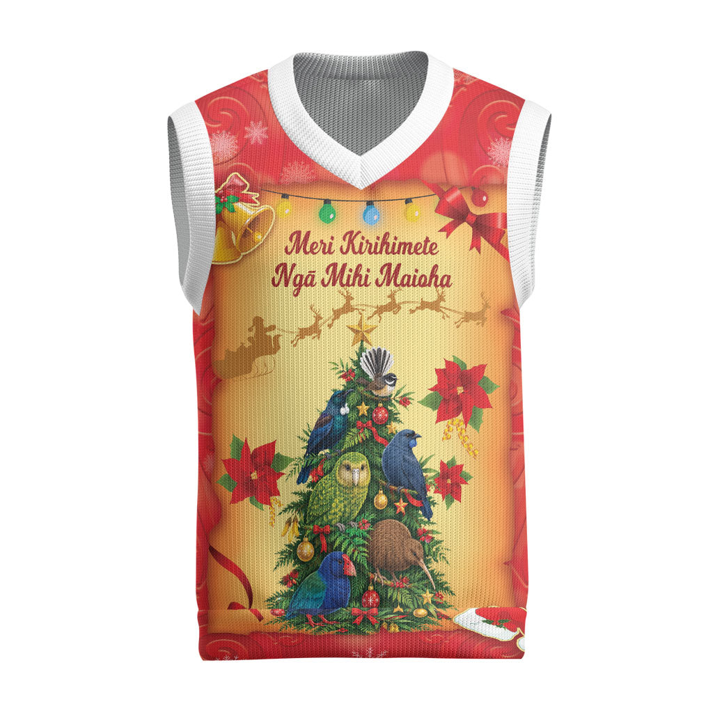 Personalised New Zealand Christmas Knitted V-Neck Vest Meri Kirihimete NZ Xmas Tree Animals