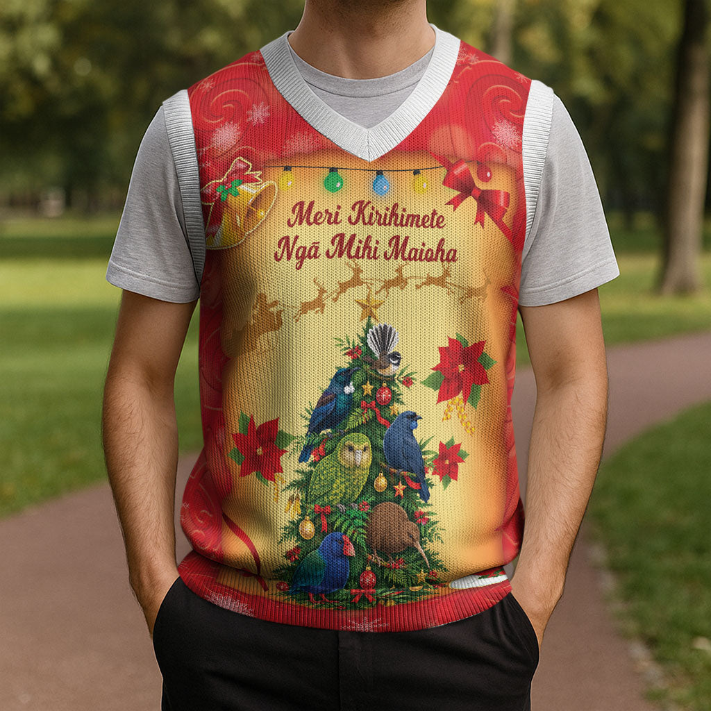 Personalised New Zealand Christmas Knitted V-Neck Vest Meri Kirihimete NZ Xmas Tree Animals
