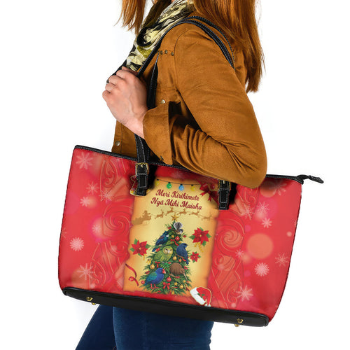 New Zealand Christmas Leather Tote Bag Meri Kirihimete NZ Xmas Tree Animals
