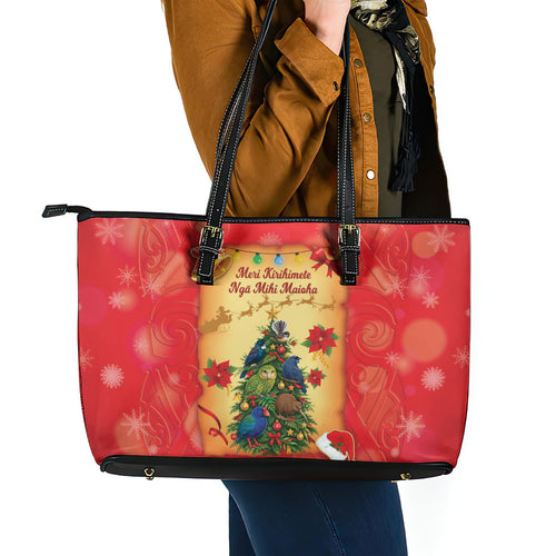 New Zealand Christmas Leather Tote Bag Meri Kirihimete NZ Xmas Tree Animals