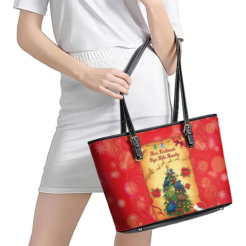 New Zealand Christmas Leather Tote Bag Meri Kirihimete NZ Xmas Tree Animals