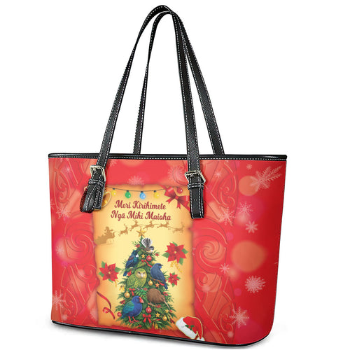 New Zealand Christmas Leather Tote Bag Meri Kirihimete NZ Xmas Tree Animals