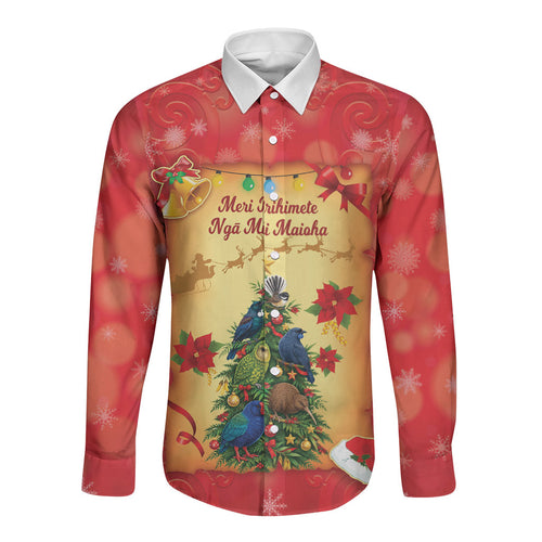 Personalised New Zealand Christmas Long Sleeve Button Shirt Meri Kirihimete NZ Xmas Tree Animals