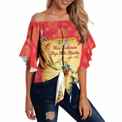Personalised New Zealand Christmas Off Shoulder Wrap Waist Top Meri Kirihimete NZ Xmas Tree Animals