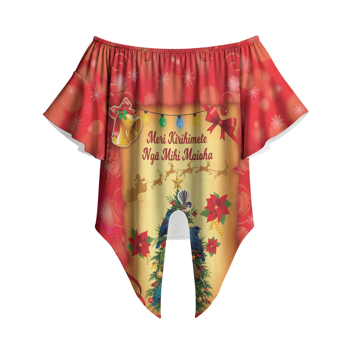 Personalised New Zealand Christmas Off Shoulder Wrap Waist Top Meri Kirihimete NZ Xmas Tree Animals