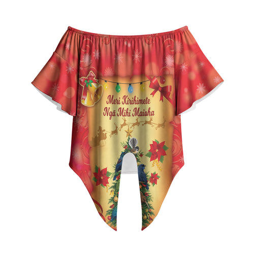 Personalised New Zealand Christmas Off Shoulder Wrap Waist Top Meri Kirihimete NZ Xmas Tree Animals