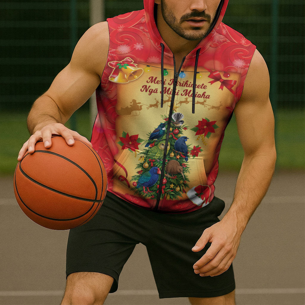 Personalised New Zealand Christmas Sleeveless Zip Hoodie Meri Kirihimete NZ Xmas Tree Animals