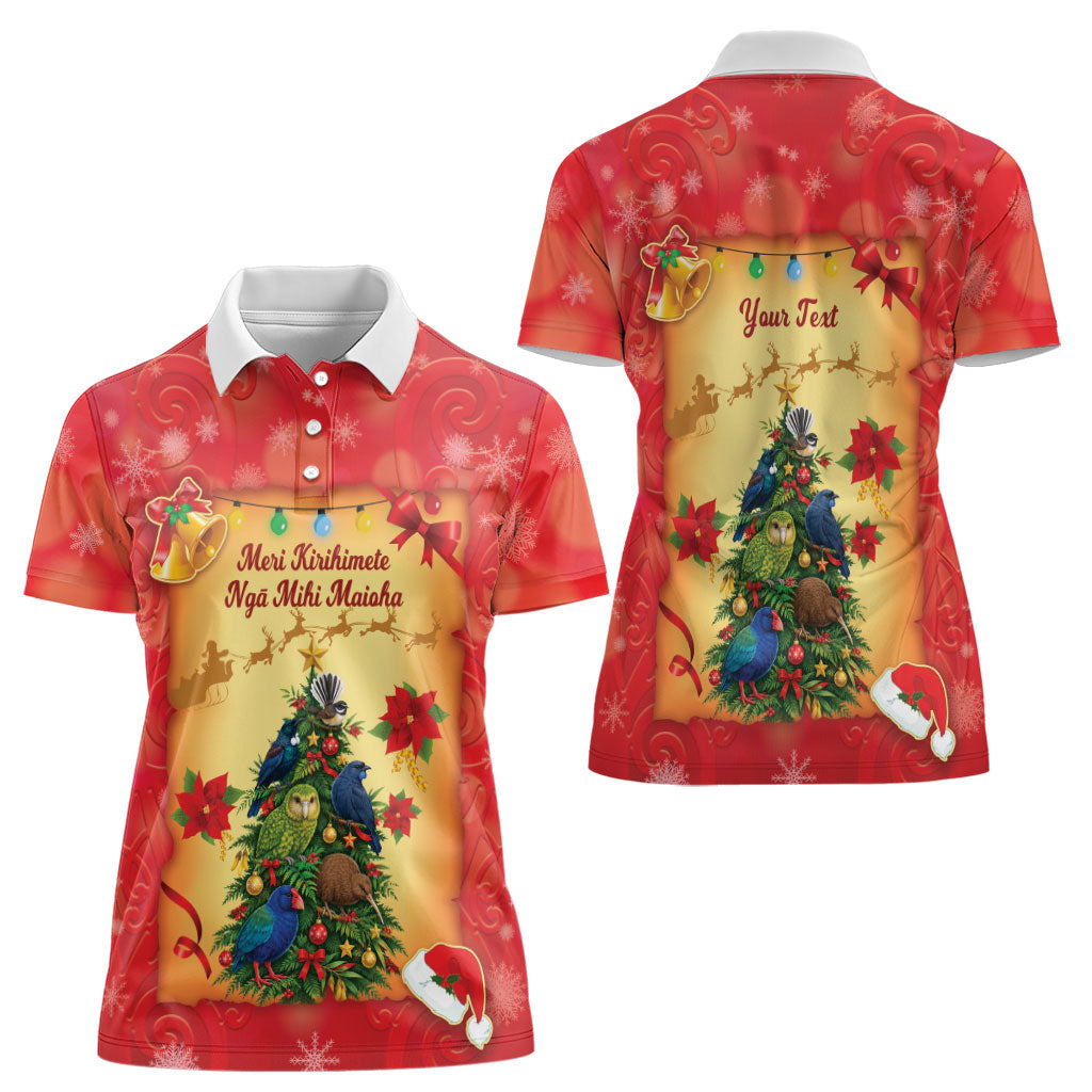Personalised New Zealand Christmas Women Polo Shirt Meri Kirihimete NZ Xmas Tree Animals