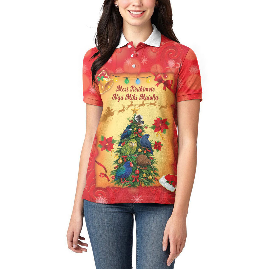Personalised New Zealand Christmas Women Polo Shirt Meri Kirihimete NZ Xmas Tree Animals
