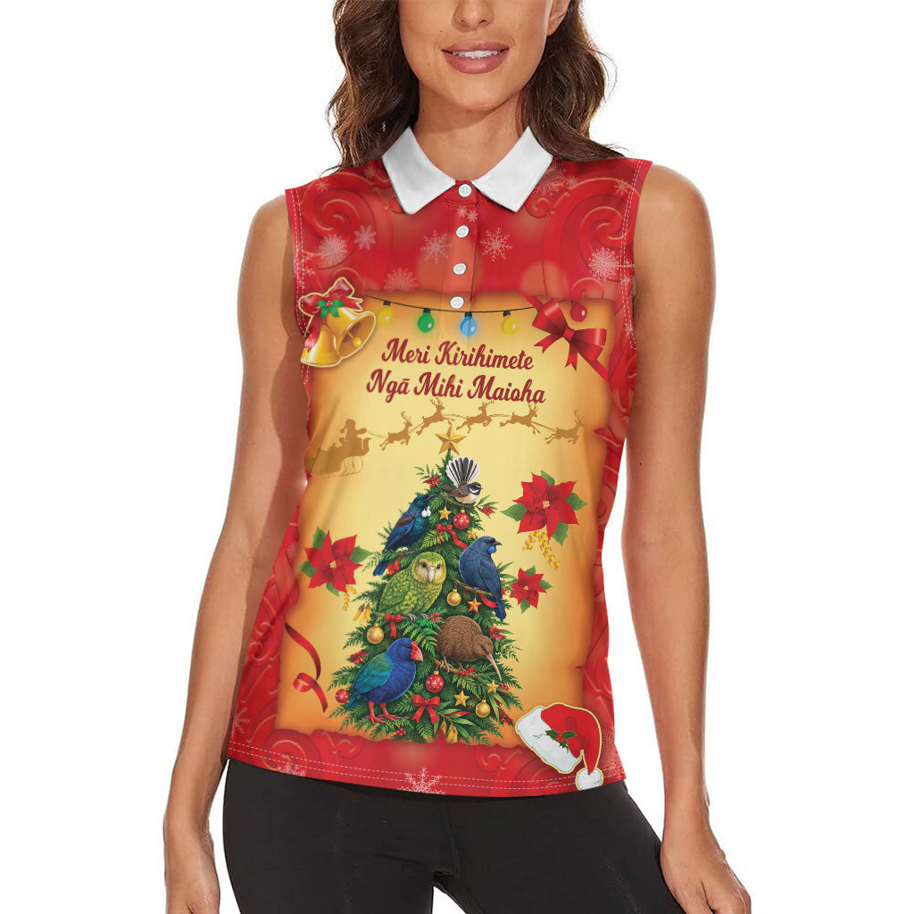 Personalised New Zealand Christmas Women Sleeveless Polo Shirt Meri Kirihimete NZ Xmas Tree Animals