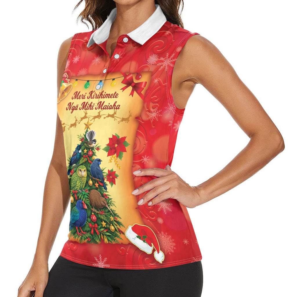 Personalised New Zealand Christmas Women Sleeveless Polo Shirt Meri Kirihimete NZ Xmas Tree Animals