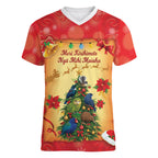 Personalised New Zealand Christmas Women V-Neck T-Shirt Meri Kirihimete NZ Xmas Tree Animals
