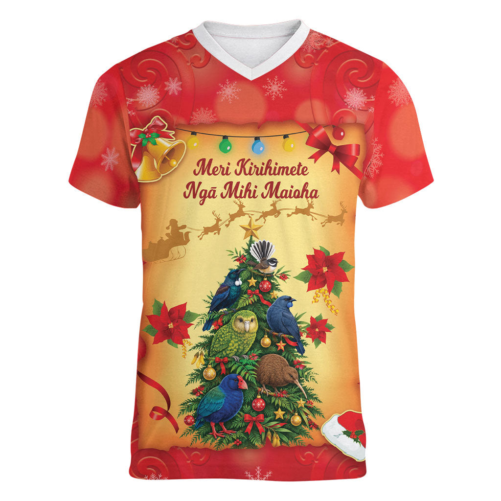 Personalised New Zealand Christmas Women V-Neck T-Shirt Meri Kirihimete NZ Xmas Tree Animals