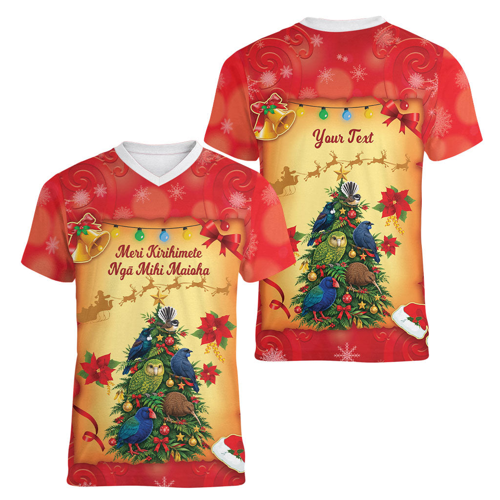 Personalised New Zealand Christmas Women V-Neck T-Shirt Meri Kirihimete NZ Xmas Tree Animals