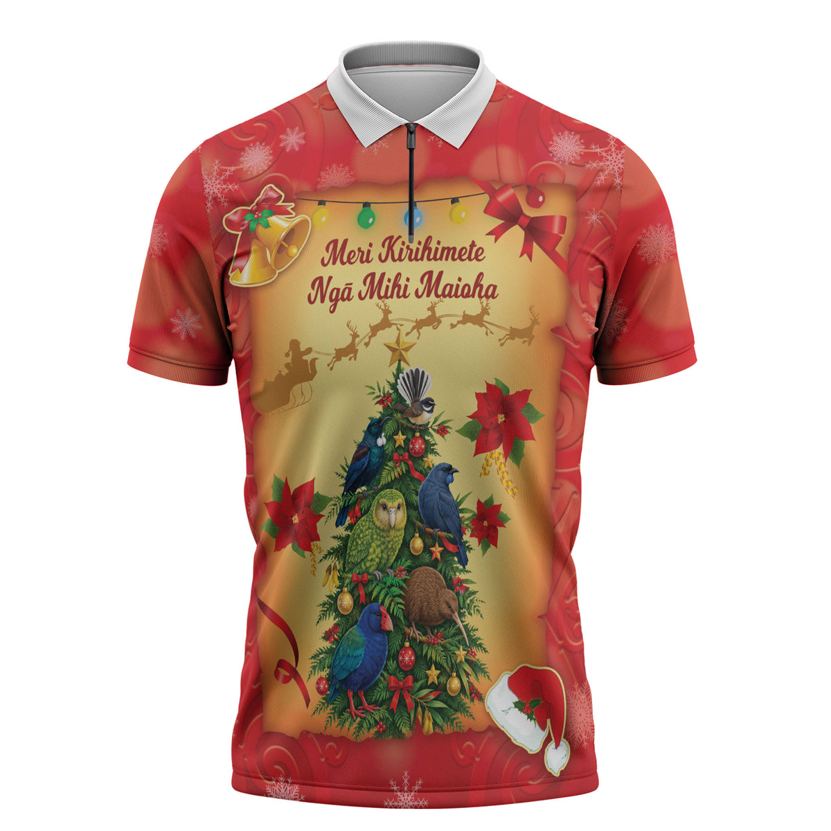 Personalised New Zealand Christmas Zipper Polo Shirt Meri Kirihimete NZ Xmas Tree Animals