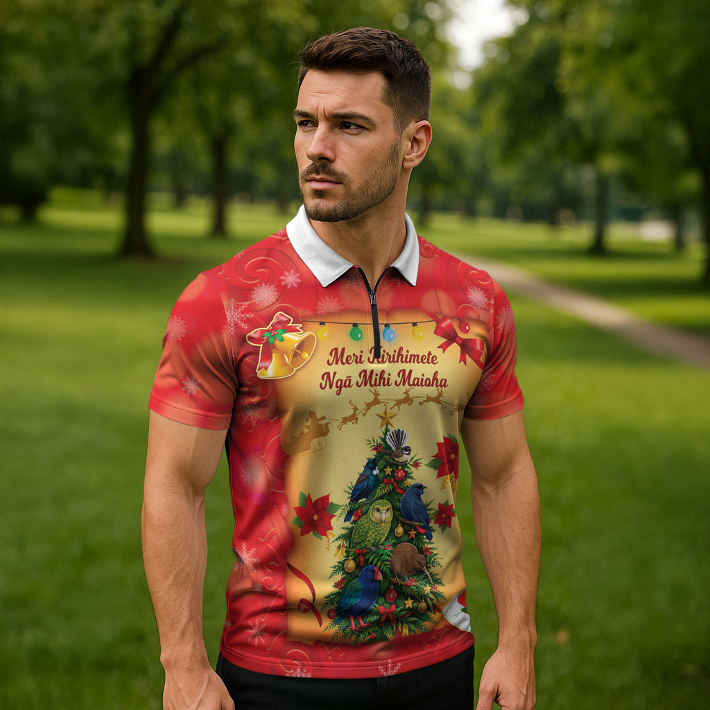 Personalised New Zealand Christmas Zipper Polo Shirt Meri Kirihimete NZ Xmas Tree Animals