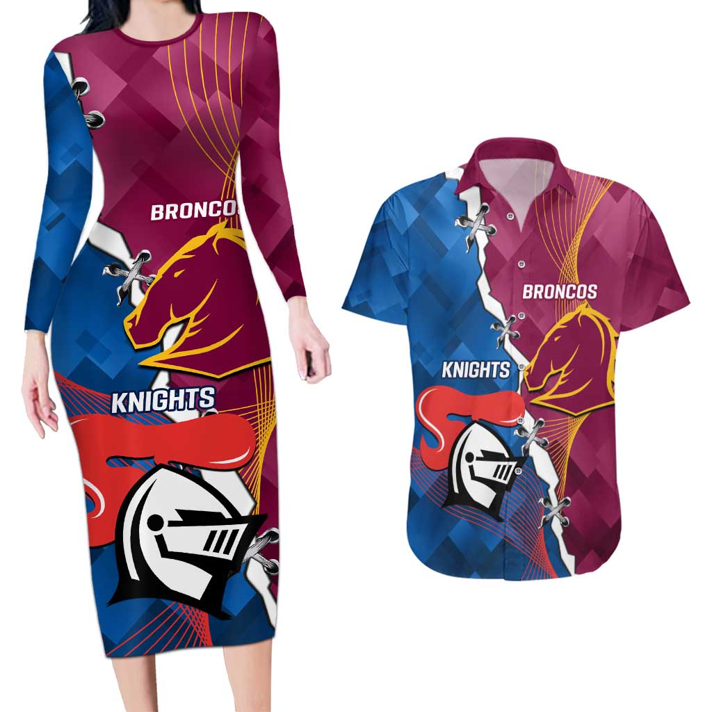 Custom Broncos And Knights Rugby Couples Matching Long Sleeve Bodycon Dress and Hawaiian Shirt Dynamic Version