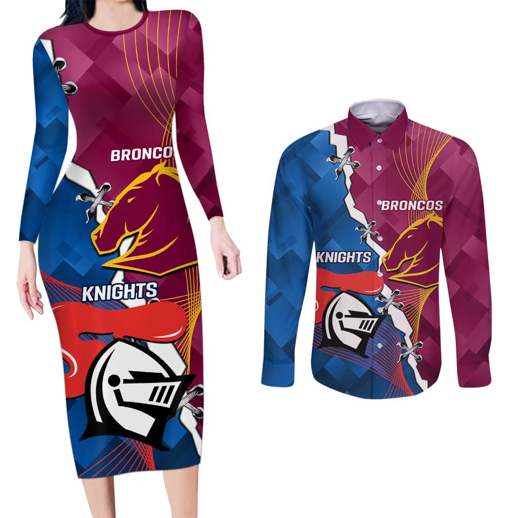 Custom Broncos And Knights Rugby Couples Matching Long Sleeve Bodycon Dress and Long Sleeve Button Shirt Dynamic Version