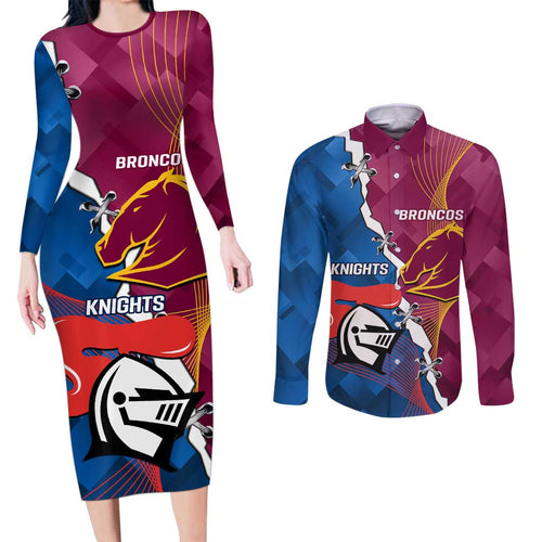 Custom Broncos And Knights Rugby Couples Matching Long Sleeve Bodycon Dress and Long Sleeve Button Shirt Dynamic Version