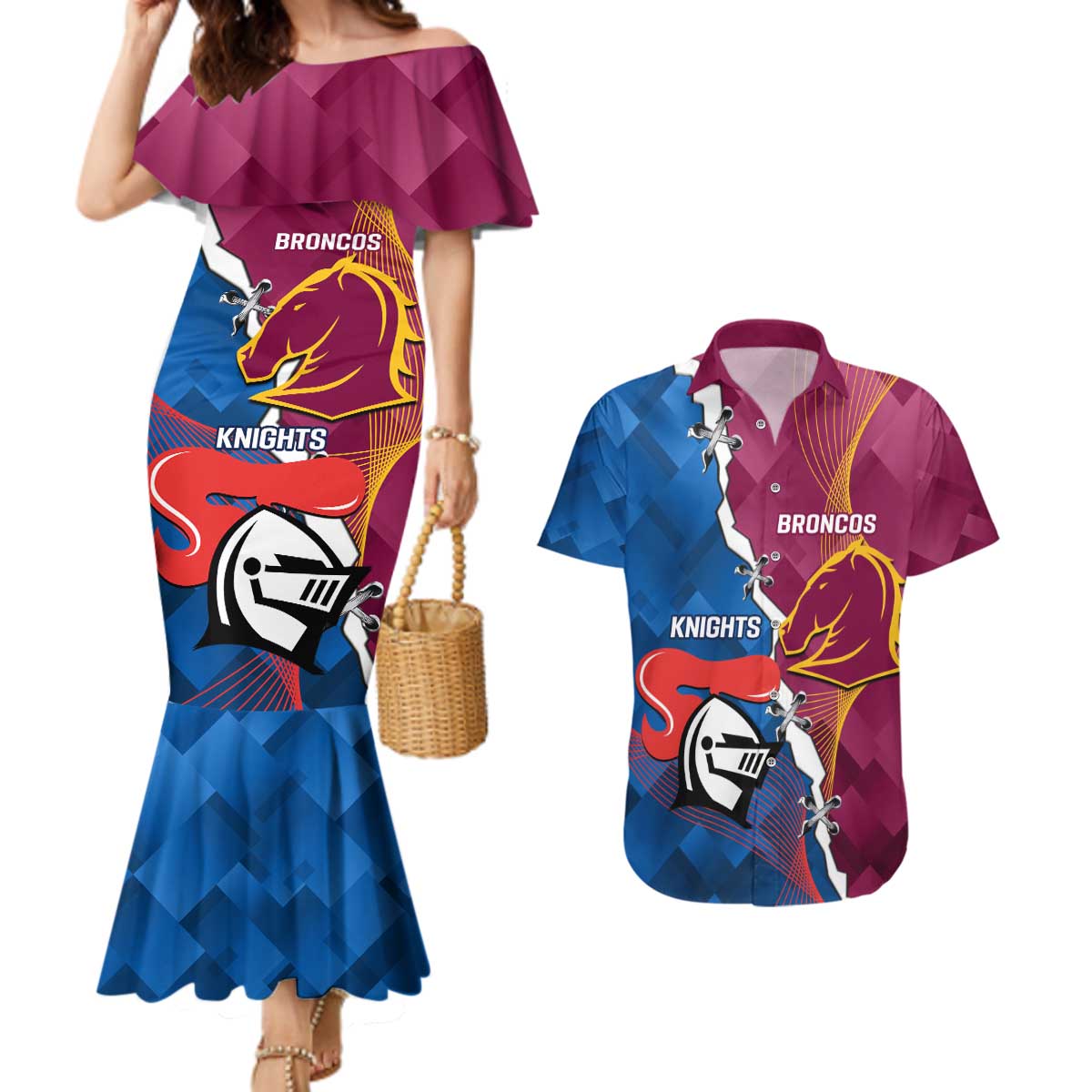 Custom Broncos And Knights Rugby Couples Matching Mermaid Dress and Hawaiian Shirt Dynamic Version