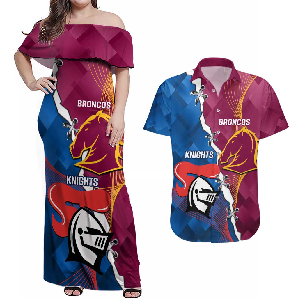 Custom Broncos And Knights Rugby Couples Matching Off Shoulder Maxi Dress and Hawaiian Shirt Dynamic Version